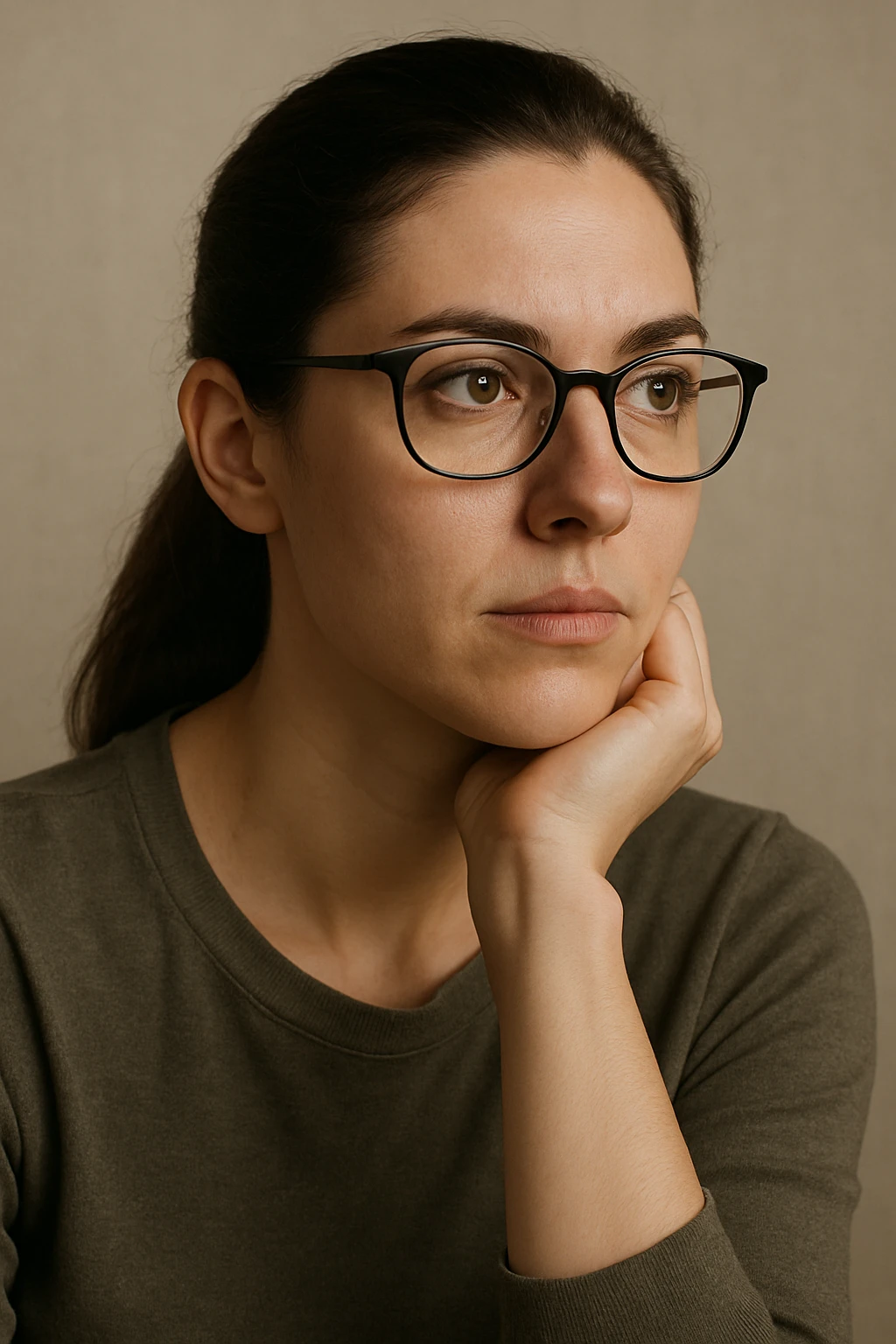 upper body portrait of a woman with long pulled back dark brown hair, hazel eyes, and glasses, looking thoughtful emoji