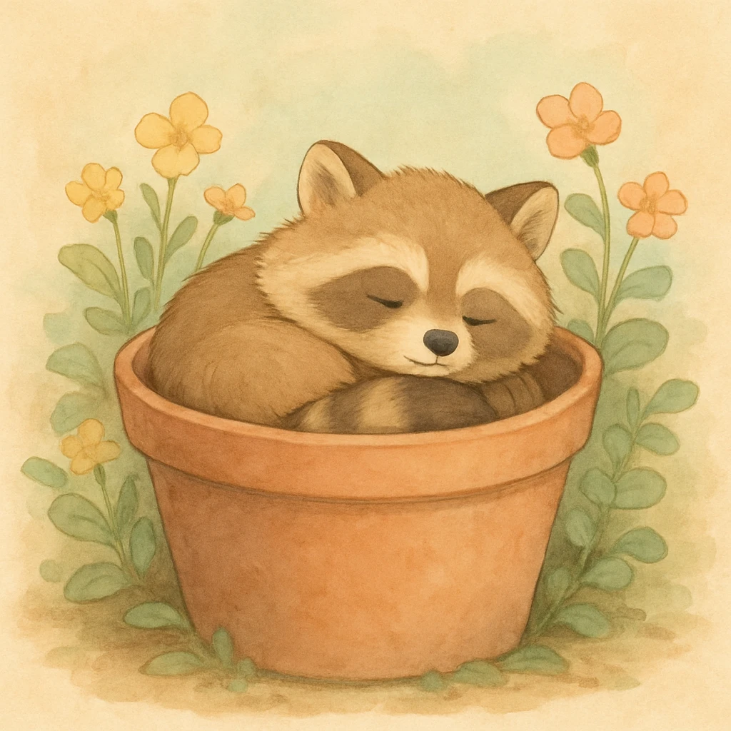 Sleepy raccoon inside a flower pot, pastel earthy colors, soft pastel colors, high-quality design, Ghibli style emoji