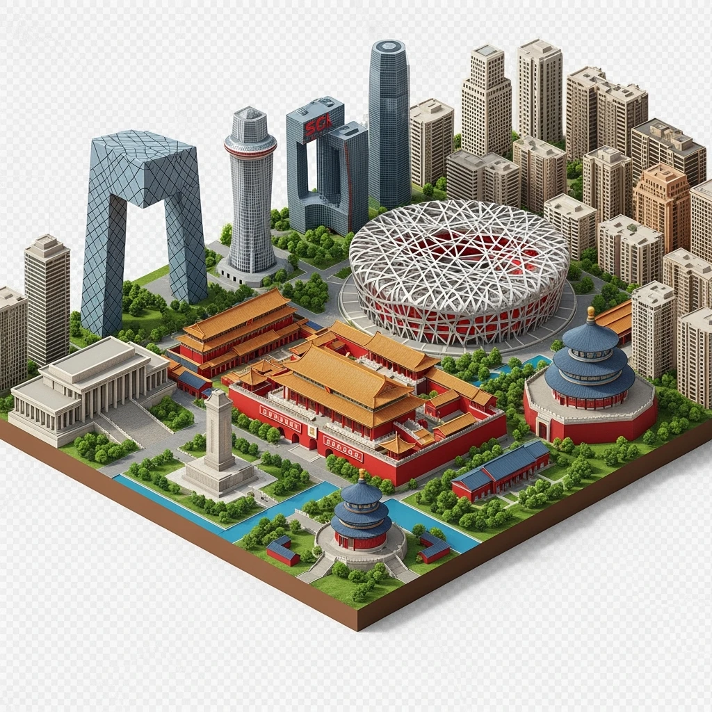 Isometric miniature of Beijing Forbidden City, Tiananmen Square, CCTV Headquarters, Temple of Heaven, China Zun skyscraper, Bird’s Nest Stadium, Beijing apartment blocks, 3D miniature effect and Tilt Shift effect, no cartoonish look, transparent background, don't cut angles emoji