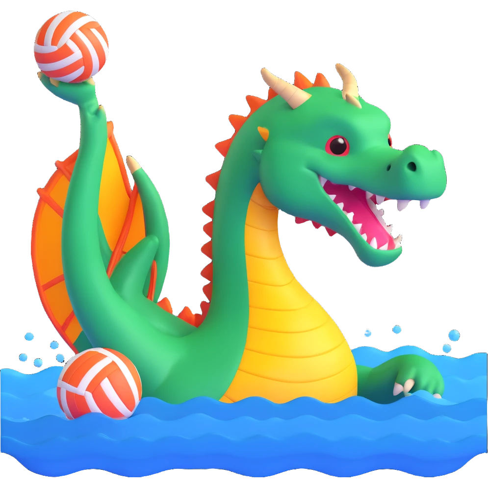 dragon playing water polo, 3D style, bright colors emoji