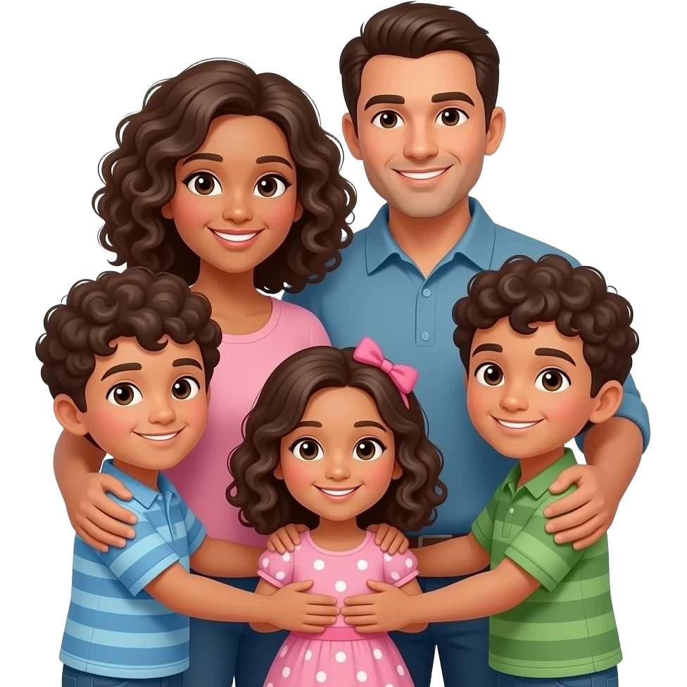 curly hair Family of 5 mom dad 2 sons 1 daugher hugging emoji