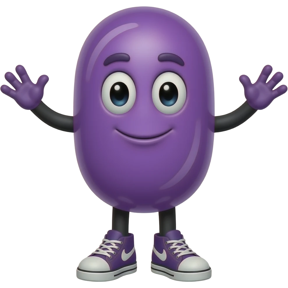 An anthropomorphic violet jelly bean with arms and legs, wearing sneakers emoji