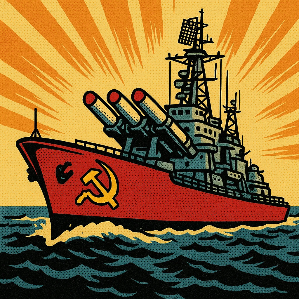 A 1960s Russia war ship carrying nuclear missiles.  The warship has the communist party logo on the side. emoji