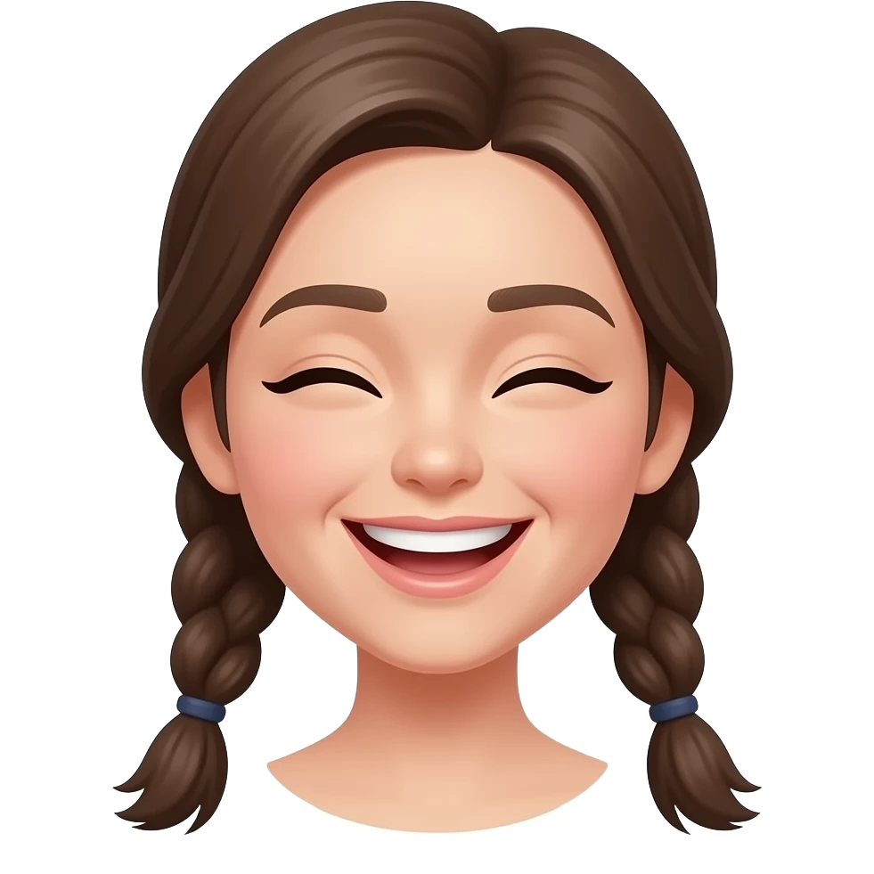 “Minimalist emoji of a young woman with braided hair, eyes open in joy, wide genuine smile showing teeth, soft dimples, head slightly tilted down, clean vector style, bold outlines, flat colors, no background, centered, high contrast, simplified facial features only.” emoji