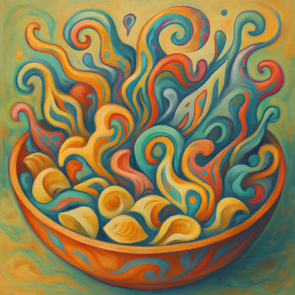a surrealist interpretation of a bowl of orecchiette, with pasta morphing into abstract forms, playful and imaginative emoji