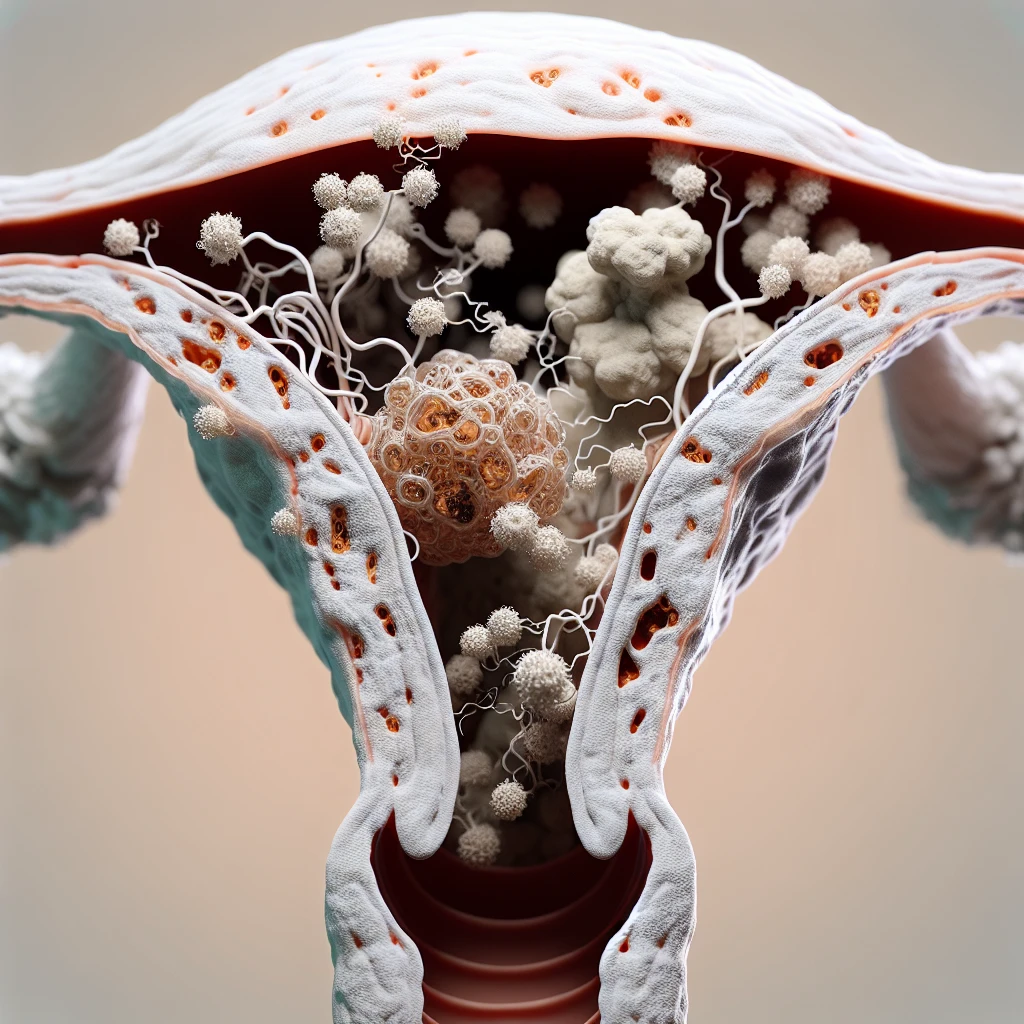 corpo umano anatomico con batteri come la candida nell'utero, sfondo neutro chiaro, iperrealistico 4k emoji