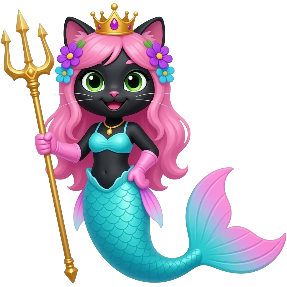 black cat smiling  pink long hair golden crown purple and blue flowers green eyes light pink gloves very long cyan mermaid tail with pink fins swimsuit cyan holding a golden trident emoji