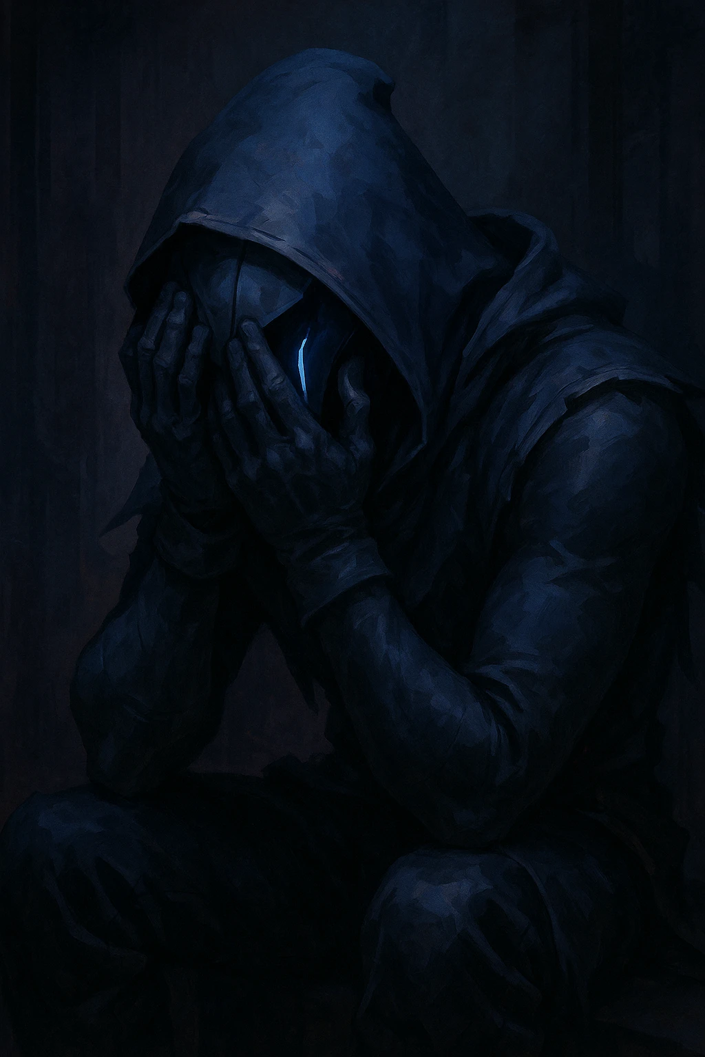 Valorant Omen, visibly upset, hands covering face, mask slightly tilted, emotional, game-inspired emoji
