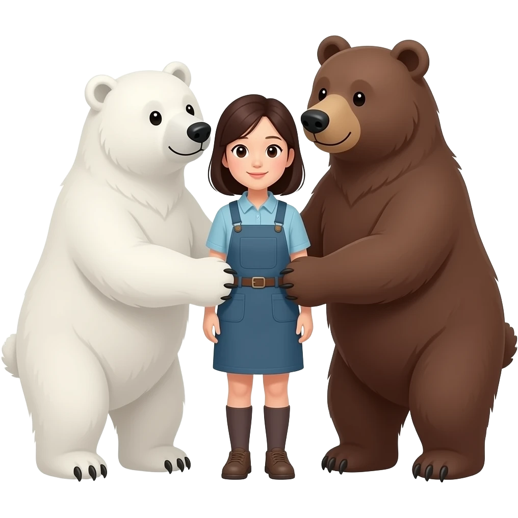 korean woman zookeeper for one white bear and one grizzly bear (two bears of the same height) affectionate to the zookeeper emoji