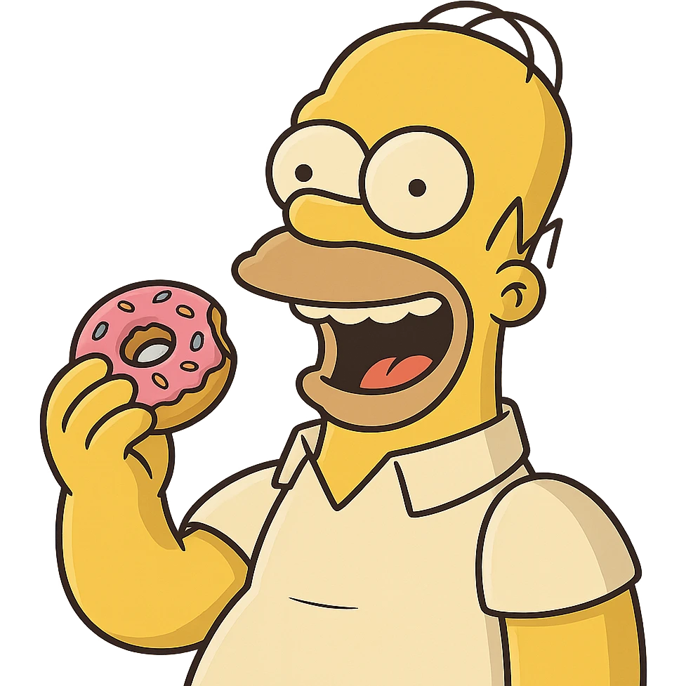 Homer Simpson with a big smile, about to eat a donut, fun cartoon style, colorful, no background emoji