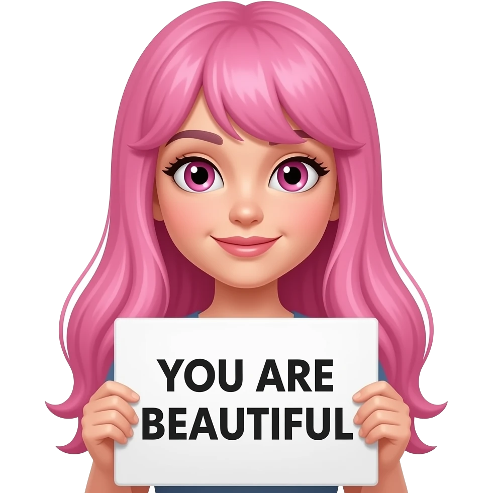 sexy girl with long pink hair and pink eyes wearing a holding a YOU ARE BEAUTIFUL sign emoji