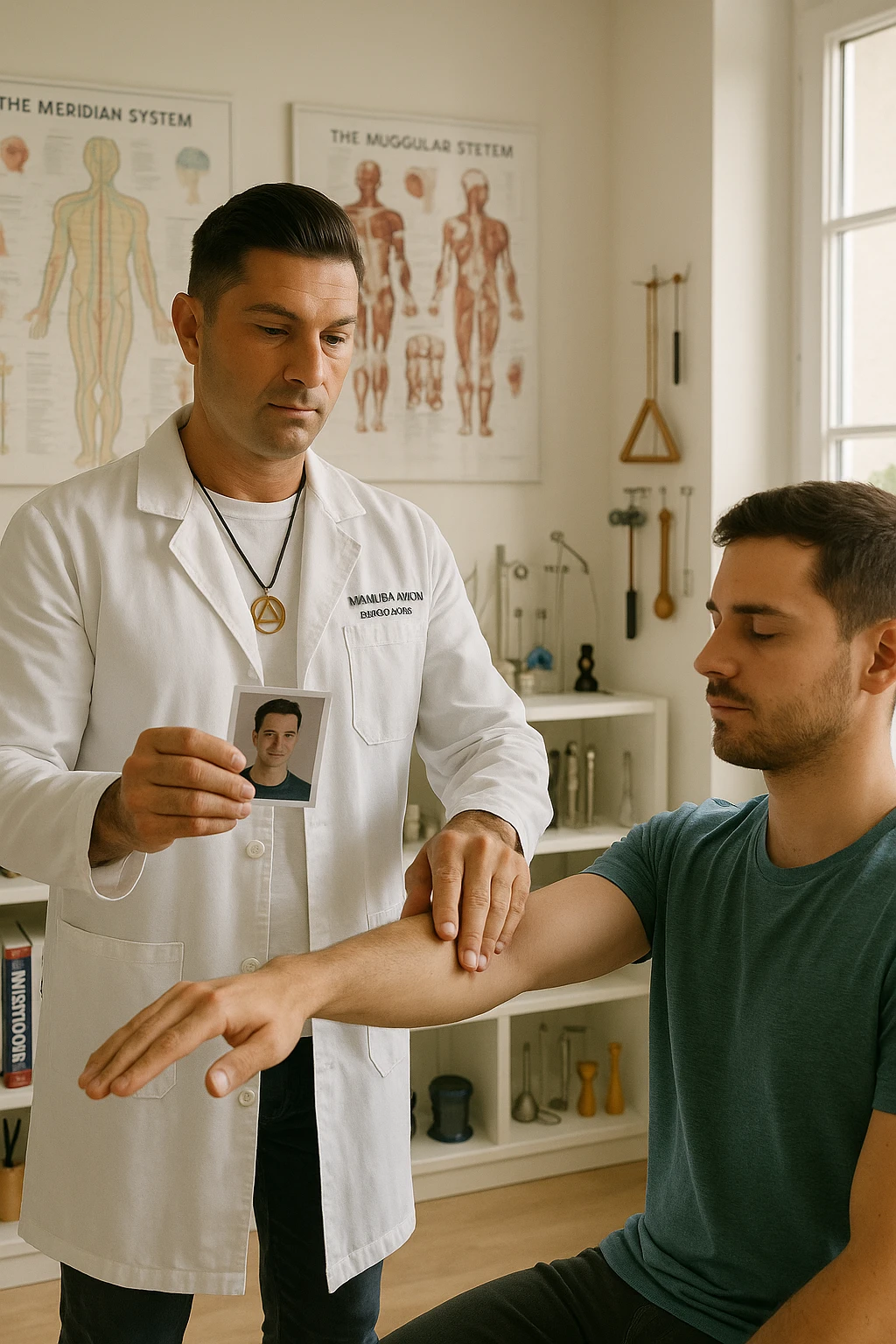 a middle-aged man, dressed in casual professional attire, is in a bright, organized therapy studio. Durante una visita di kinesiologia, il ragazzo tiene con una mano la foto di una persona lontana (il “testimone”) tiene la foto in mano, mentre con l’altra mano esegue un test muscolare su un cliente presente senza foto. Sullo sfondo si vedono libri di kinesiologia, poster anatomici e strumenti tipici della disciplina. L’atmosfera è concentrata e serena, con luce naturale che entra dalla finestra, sottolineando l’aspetto alternativo e umano della pratica. emoji