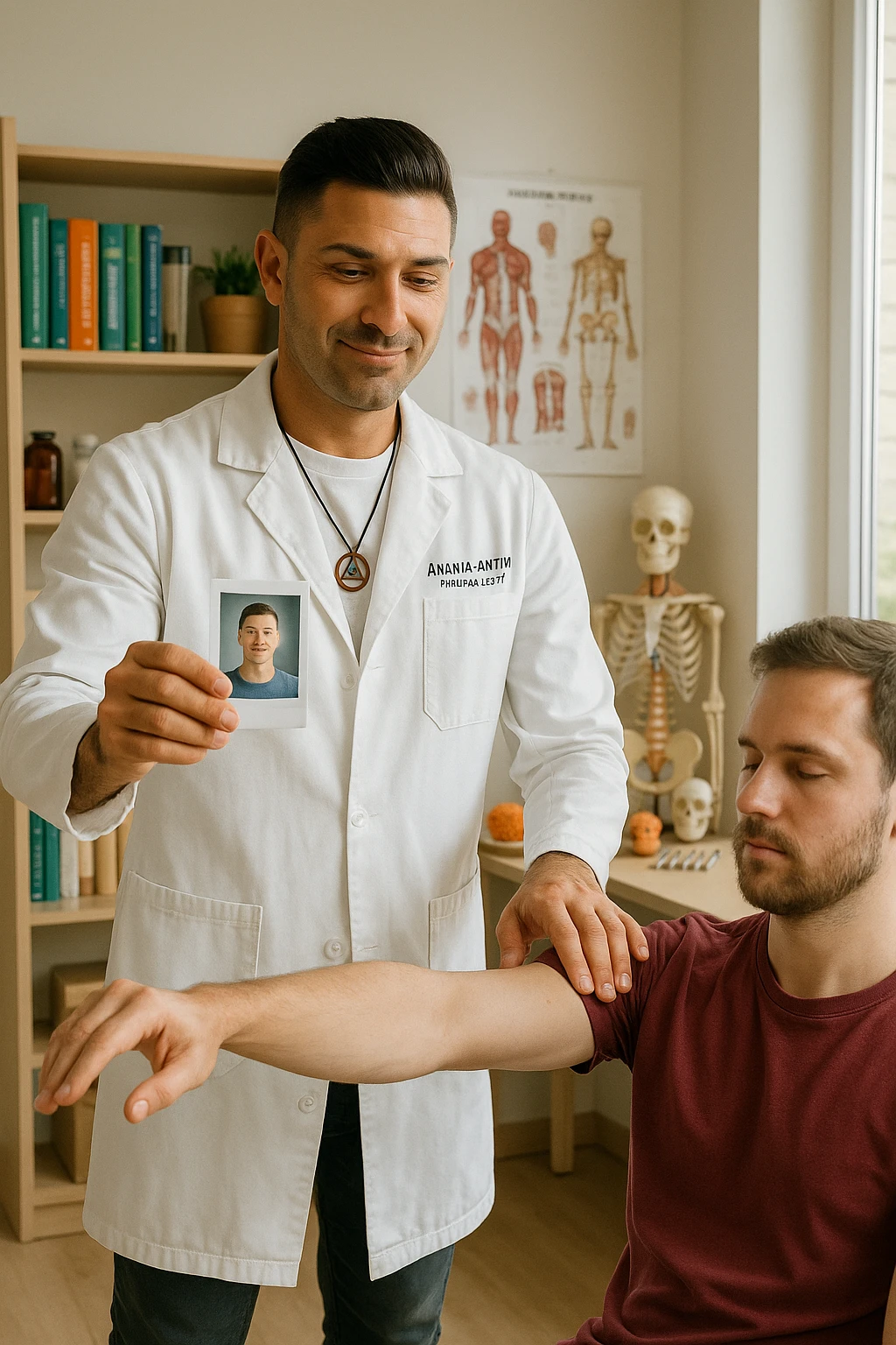 a middle-aged man, dressed in casual professional attire, is in a bright, organized therapy studio. Durante una visita di kinesiologia, il testimone tiene con una mano la foto di una persona lontana (il “testimone”) tiene la foto in mano, mentre con l’altra mano esegue un test muscolare su un cliente presente. Sullo sfondo si vedono libri di kinesiologia, poster anatomici e strumenti tipici della disciplina. L’atmosfera è concentrata e serena, con luce naturale che entra dalla finestra, sottolineando l’aspetto alternativo e umano della pratica. emoji