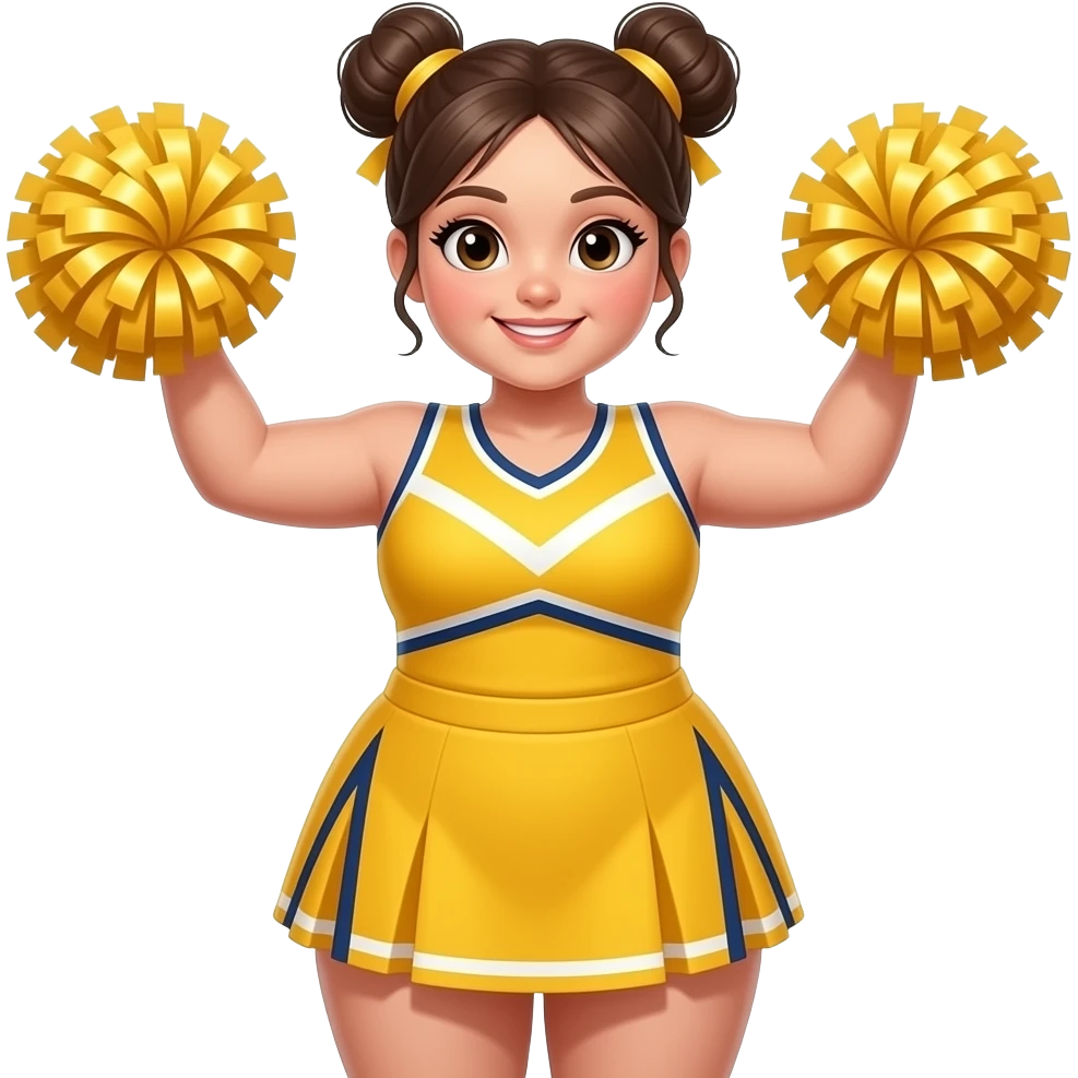 wide body cheerleader girl with two sided buns wear vibrant yellow cheerleader outfit with face closeup and poom poom in hands wide shoulders and boyd emoji