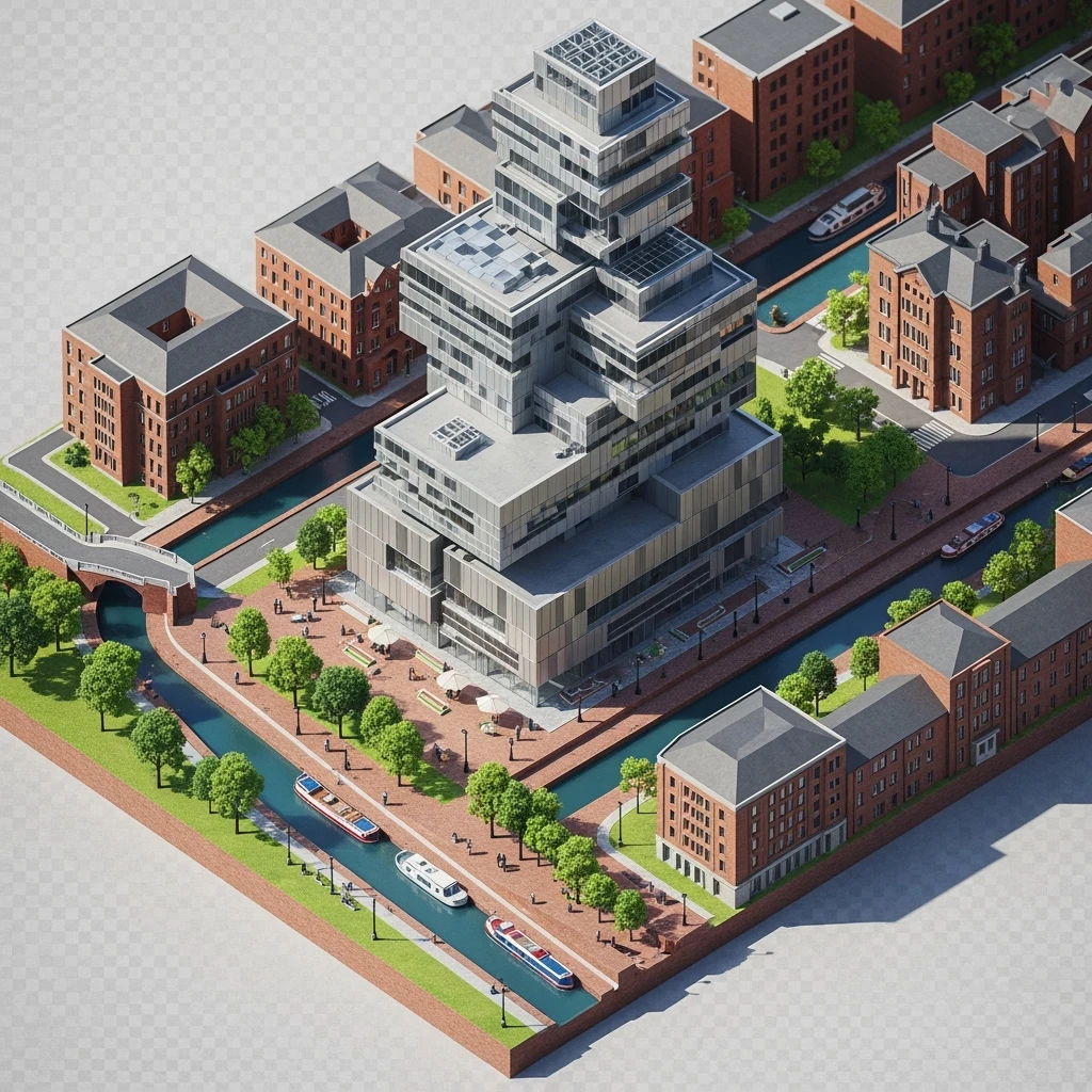 Isometric illustration-model of Birmingham, photorealistic the Library of Birmingham with its modern architecture and nearby canals, highly detailed in semi-realistic style, balanced between stylized and realistic, 3D miniature effect, transparent background. emoji