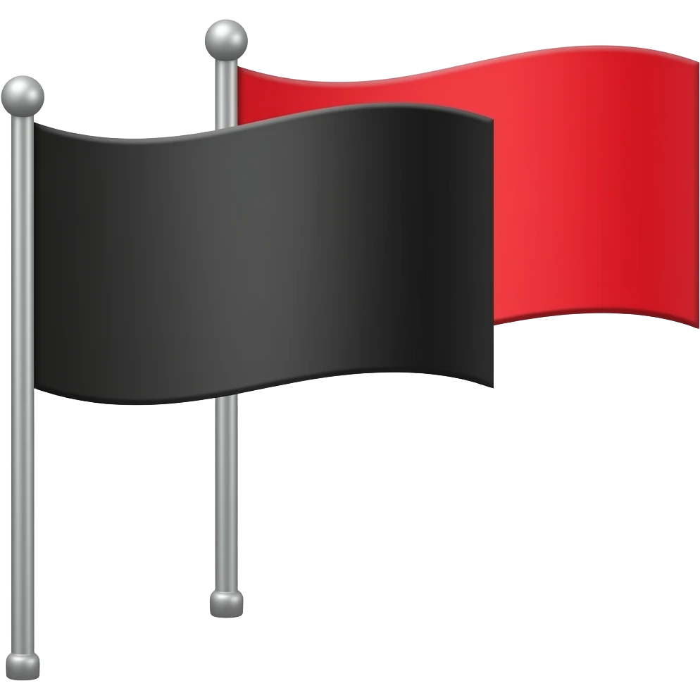 ios style emoji. two tall, rectangular flags pointing left. a black one on the front and the red one on the back. emoji
