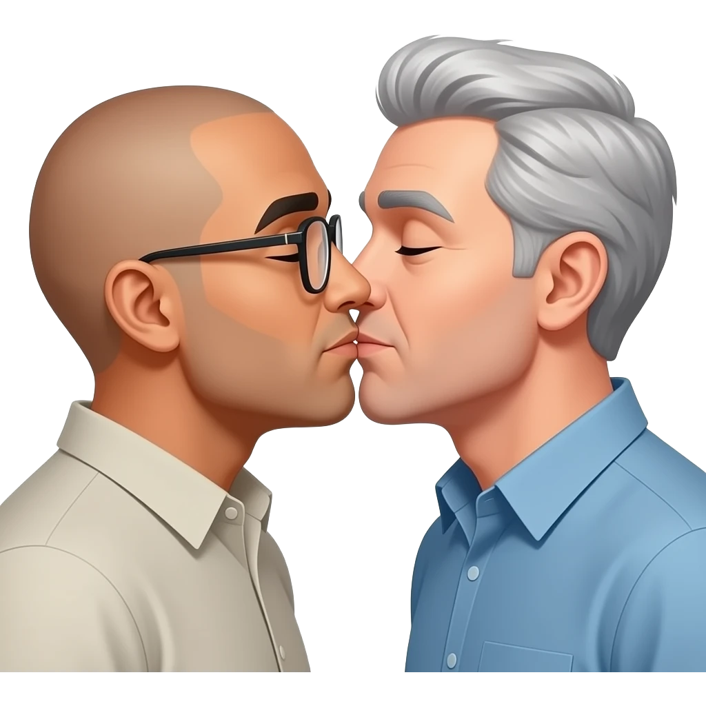 One has glasses and is bald and Mexican skin color. Gay men kissing romantically. The other guy is white and has silver daddy hair but is 40 emoji