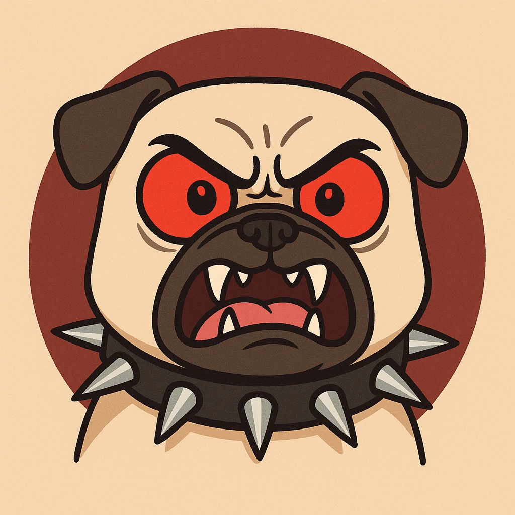 emoji of a pug with bright red eyes, furious expression, sharp fangs, black collar with large metal spikes, simple or circular dark red background, intimidating but funny appearance, ideal for a rebellious or tough emoji, 2D cartoon style emoji