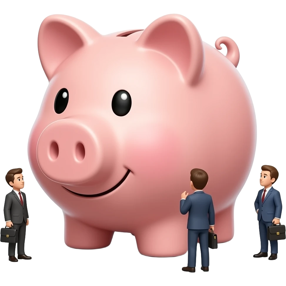 giant piggy bank and small people standing around it looking at it 3 business man emoji