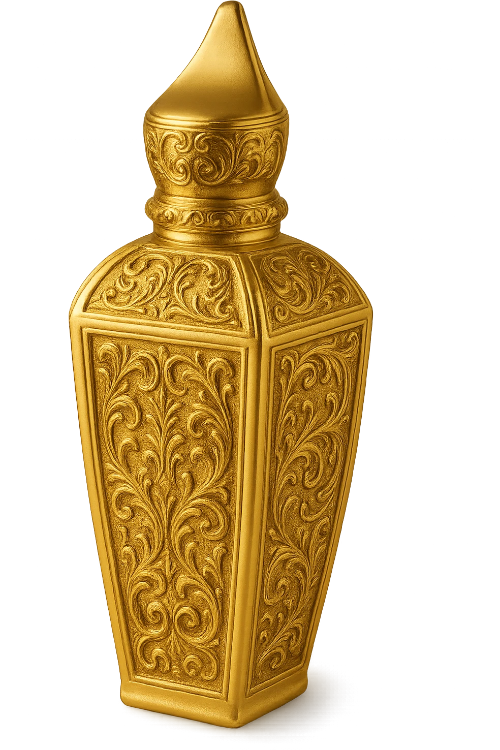 Refine this perfume bottle to closely resemble the shape and ornate details of Xerjoff's 'La Capitale' fragrance bottle, keeping the style decorative and gold-accented, with no characters or text, and a transparent background. emoji