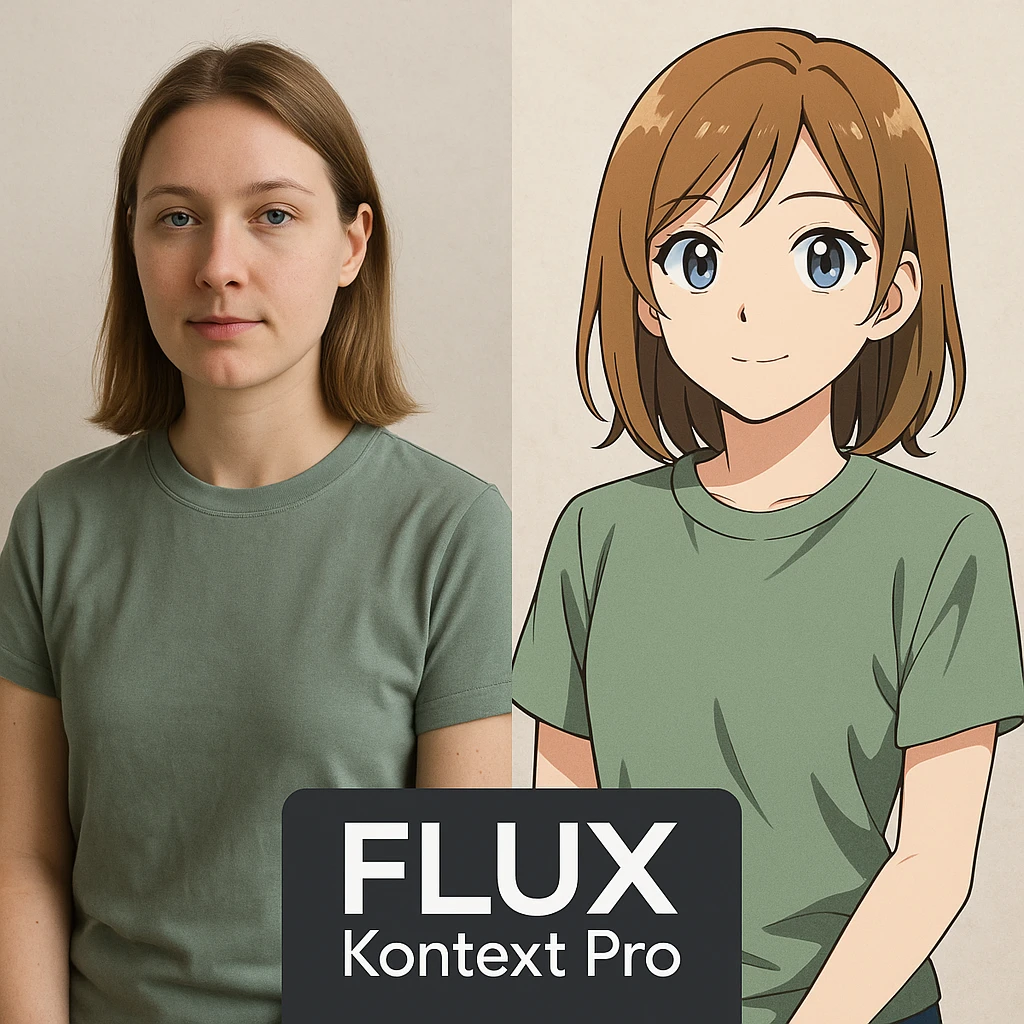 create before after image of a girl before is realsitic photo, after is anime version of her in same pose and clothes, add logo with text of a "FLUX Kontext Pro" emoji