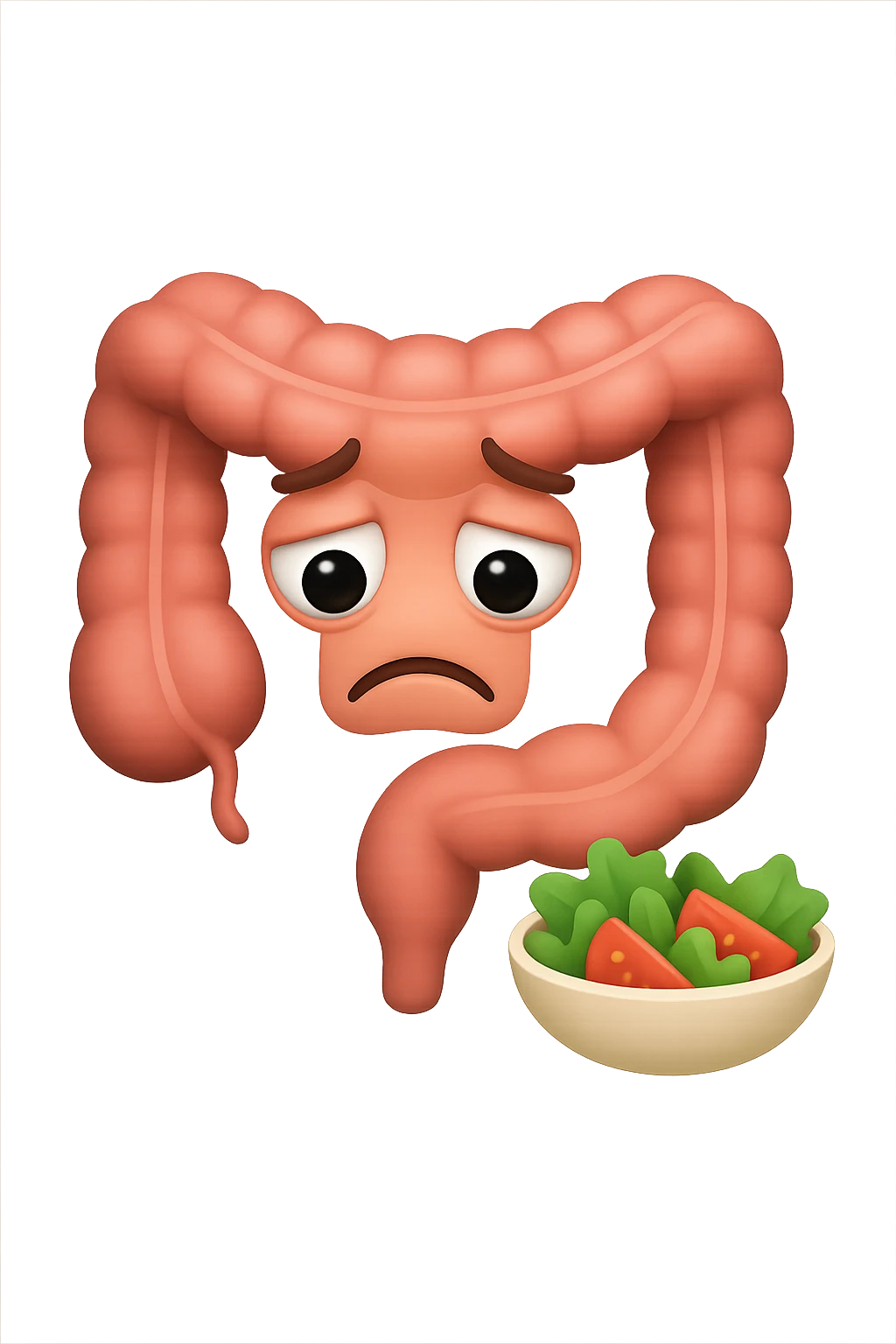 EMOJI STILE IPHONE DI UN INTESTINO UMANO ANATOMICO CHE GUARDA UN INSALATA CON ESPRESSIONE TRISTE E RASSEGNATA IN VOLTO: SOFFRE LA FAME PERCHé è A DIETA, FAGLI ANCHE LA PARTE BIANCA DEGLI OCCHI, NON SOLO LE PUPILLE emoji