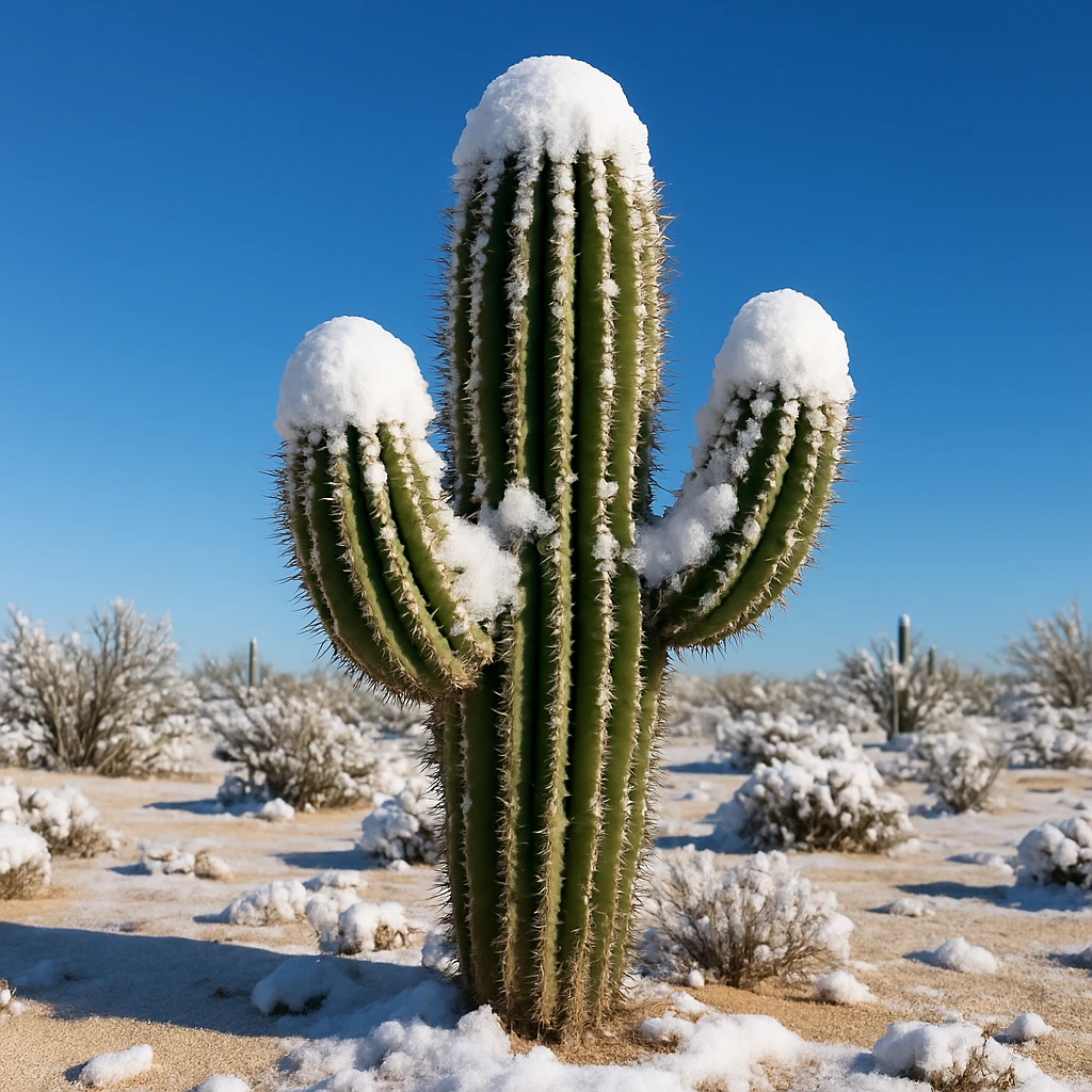 a cactus covered in snow in the desert, blue sky, winter atmosphere emoji