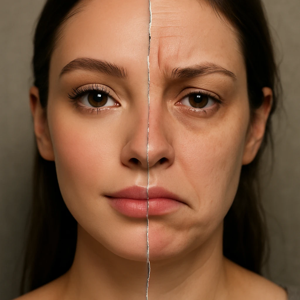 A face split down the middle: left half is flawless, influencer-filtered with radiant skin and large eyes; right half is realistic, tired, and imperfect with a frown. A subtle glitch effect like a cracked mirror runs vertically between the halves. emoji