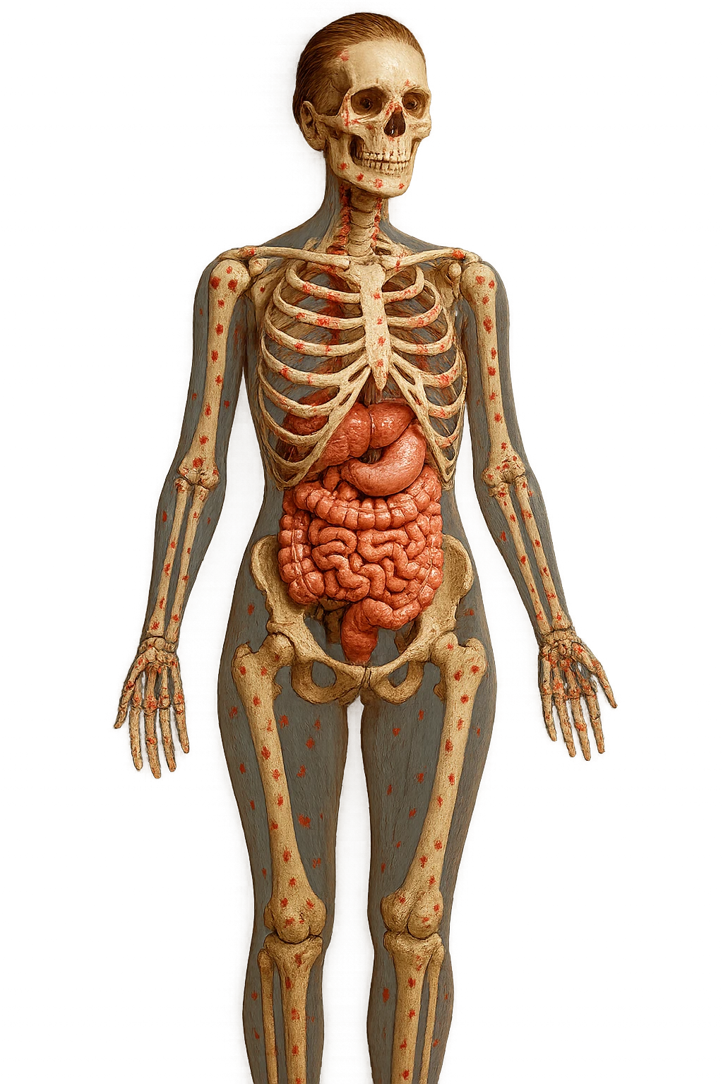 corpo umano anatomico di una donna affetta da fibromialgia, intestino anatomico realistico e red spot sparsi sulle sue ossa, iperrealistica 4k emoji