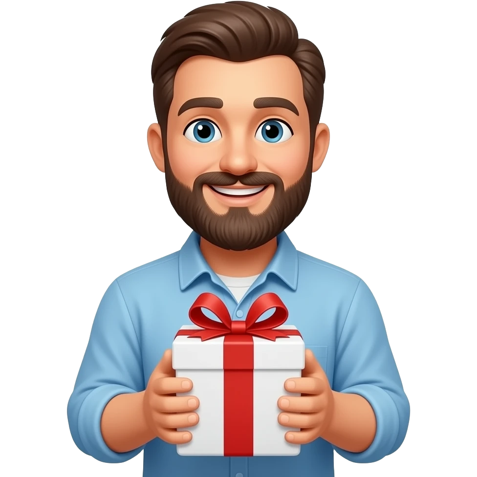 white gift box with happy man with beard emoji
