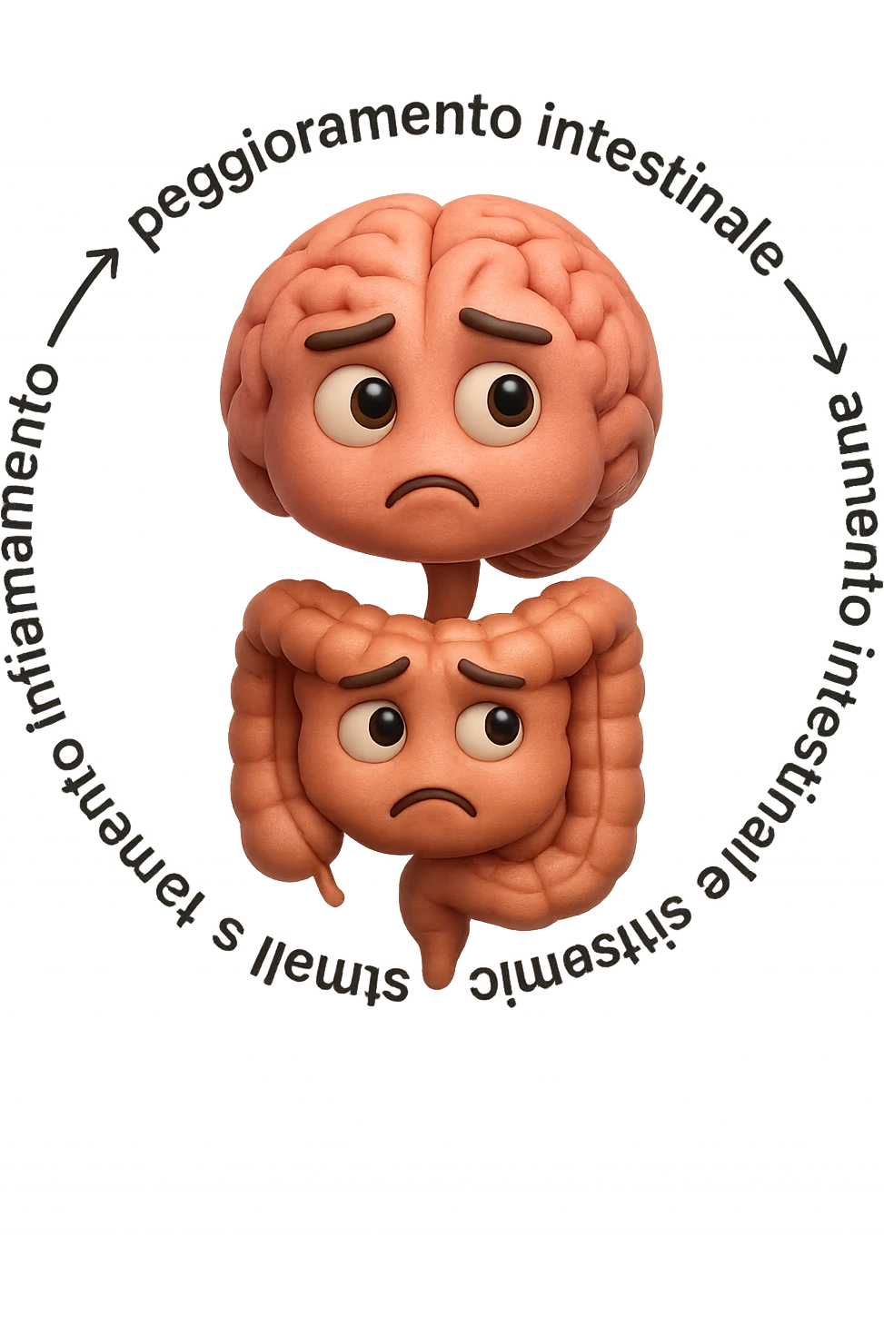 EMOJI STILE IPHONE 3D DI un cerchio con queste scritte che girano intorno "stress → peggioramento intestinale → aumento infiammazione → peggioramento sintomi intestinali e sistemici." al centro del cerchio metti un cervello e intestino umani collegati verticalmente con espressione dubbiosa in volto, FALLO MOLTO REALISTICO IN 3D emoji