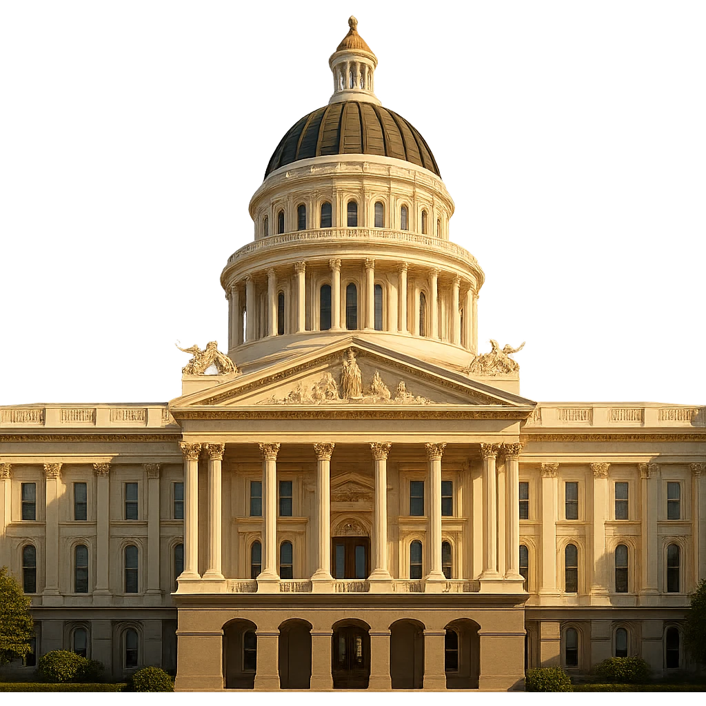cinematic, realistic emoji of the California State Capitol in Sacramento, direct front view of the facade, highly detailed, accurate white color, sunny lighting, transparent background, ensure it is the California State Capitol, not the US Capitol emoji