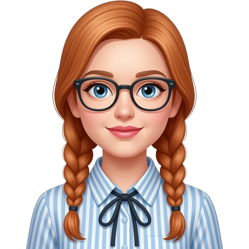 white girl with long light red hair braided and blue eyes with glasses and pink lips in a dress blouse no ties emoji
