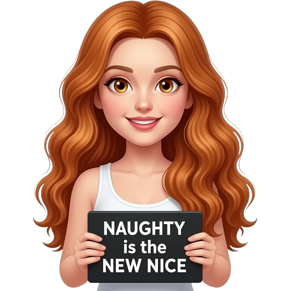 sexy girl with long wavy ginger hair and ginger eyes wearing a white tanktop is holding a black colored sign with NAUGHTY is the NEW NICE written on it emoji