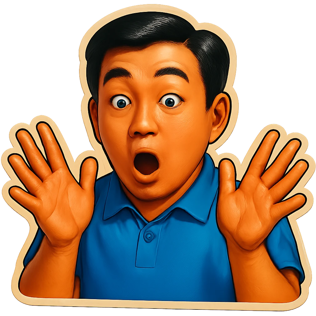 The same Japanese man looks at the viewer with a surprised look, and his hands are empty emoji
