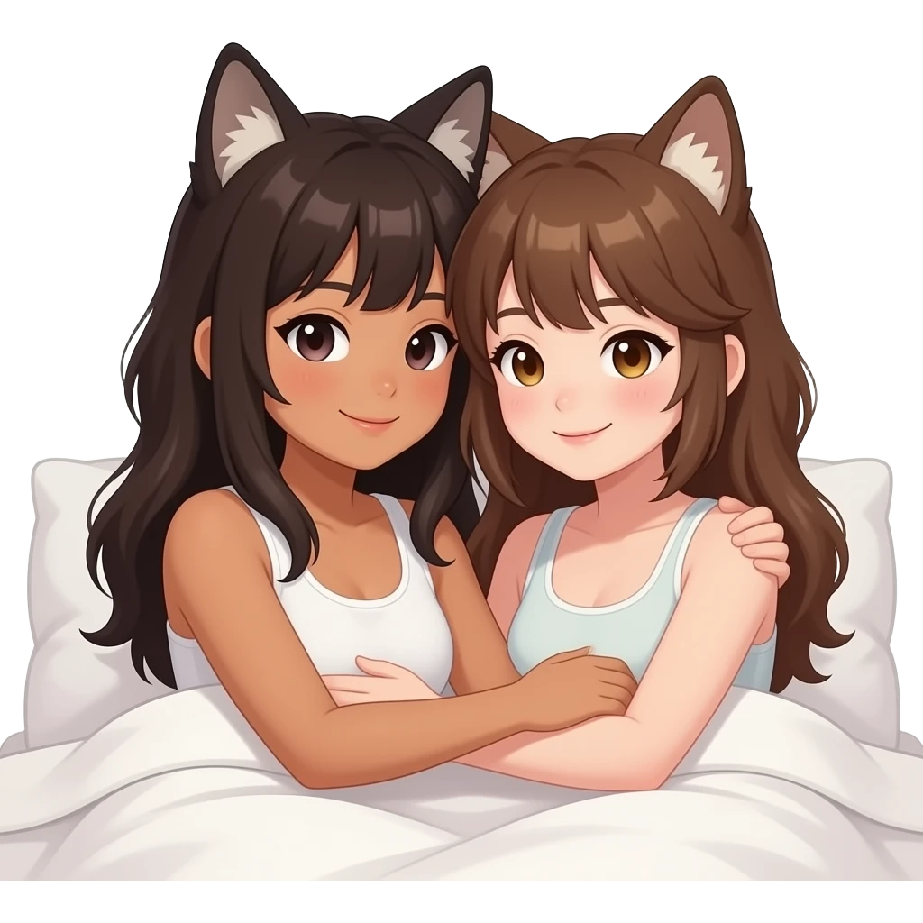 a girl with dark brown hair with a wolfcut hair cut with a soft tan skin cuddling with another girl with brown hair with a wolfcut hair with a light skin. On bed. emoji