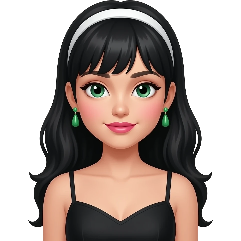 Emoji: A girl with black hair and green eyes wearing a black dress, a beautiful top, green earrings, pink lipstick, slightly pink cheeks, and a white headband on her hair. emoji