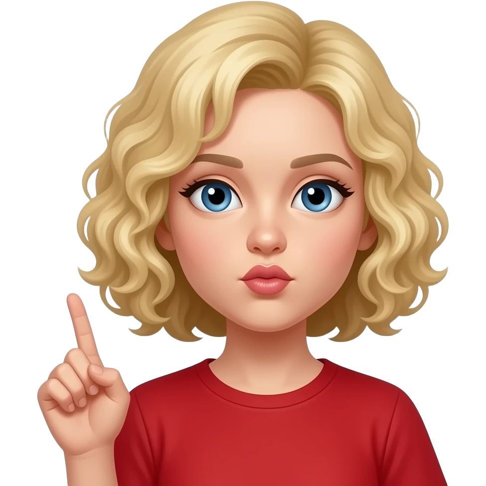 blonde curly bob with lips pursed in an o with finger in the air in a red shirt emoji