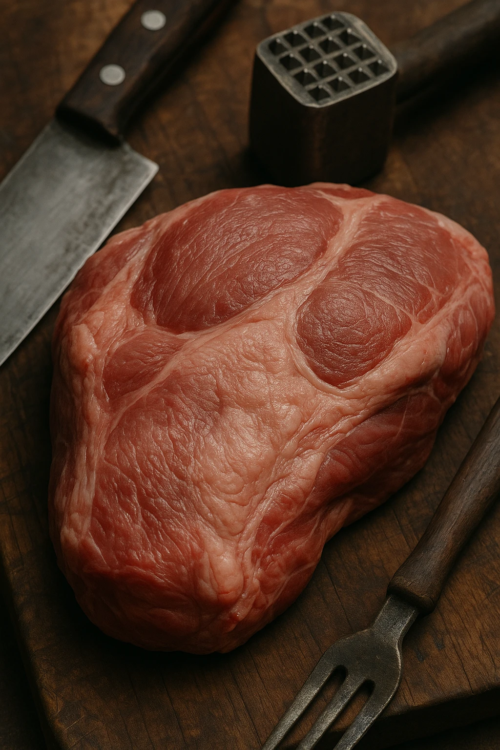 Macro fotografia di carne di maiale cruda, con dettagli che ricordano la consistenza e il colore della carne umana, posata su un tagliere di legno accanto a strumenti da cucina. Atmosfera realistica e leggermente inquietante. emoji