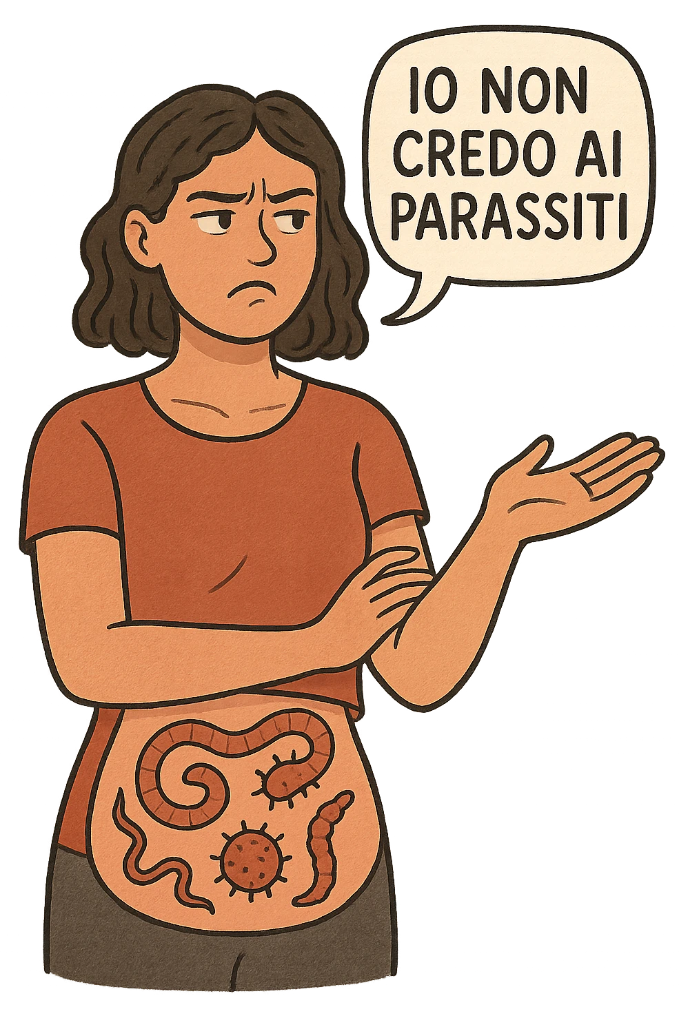 Donna con parassiti nel corpo che dice "Io non credo ai parassiti" emoji
