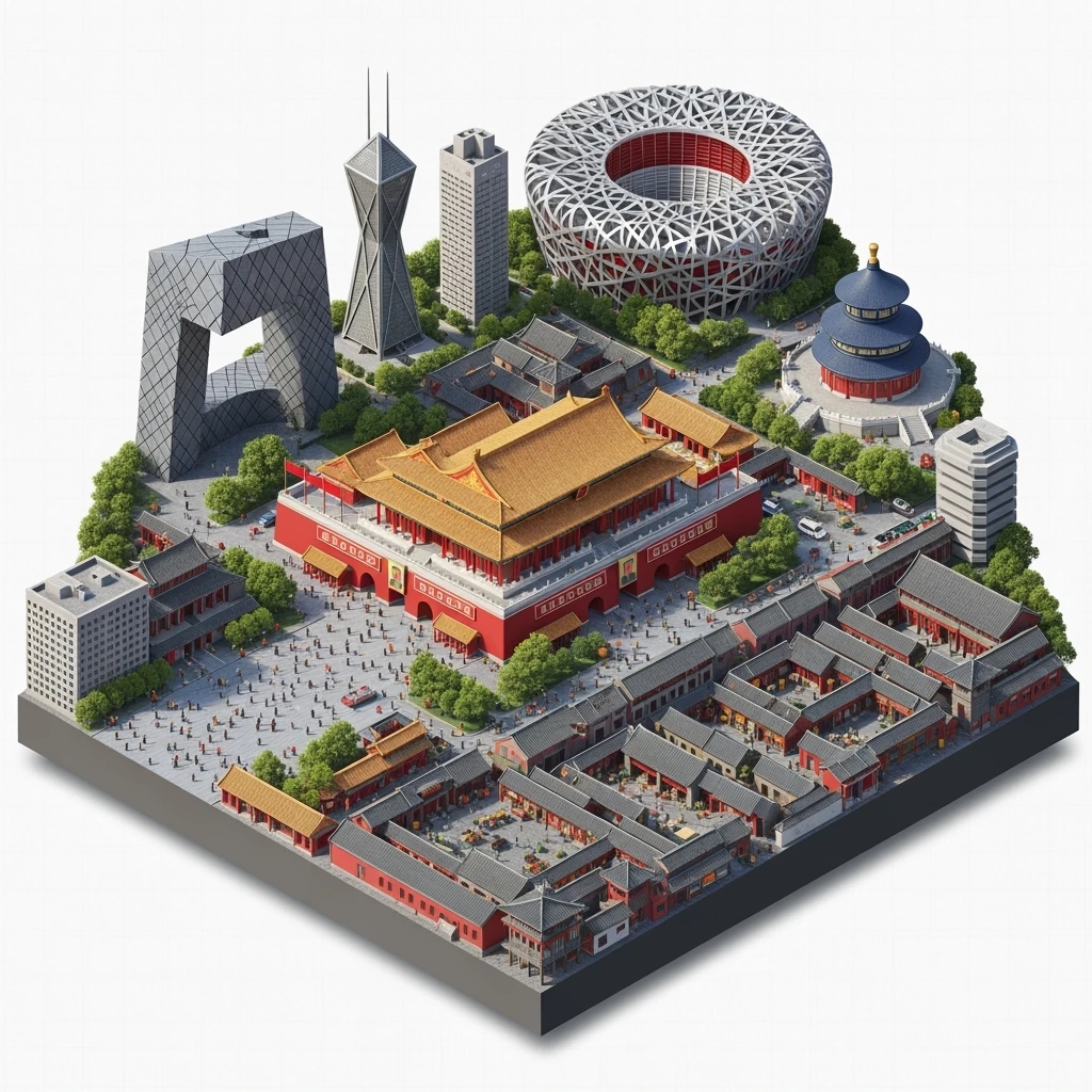 Isometric miniature of Beijing Forbidden City, Tiananmen Square, CCTV Headquarters, Temple of Heaven, Bird’s Nest Stadium and crowded hutong alleys, sprawling apartment blocks, 3D miniature effect and Tilt Shift effect, no cartoonish look, transparent background. emoji