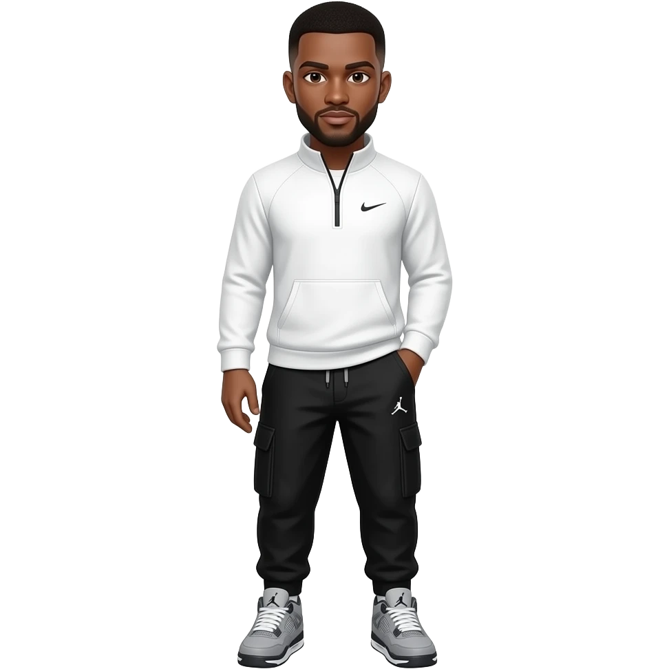 22 year old black man with brown low taper fade and it’s thick wearing white nike tech and black jordan pants with grey jordan 4’s emoji