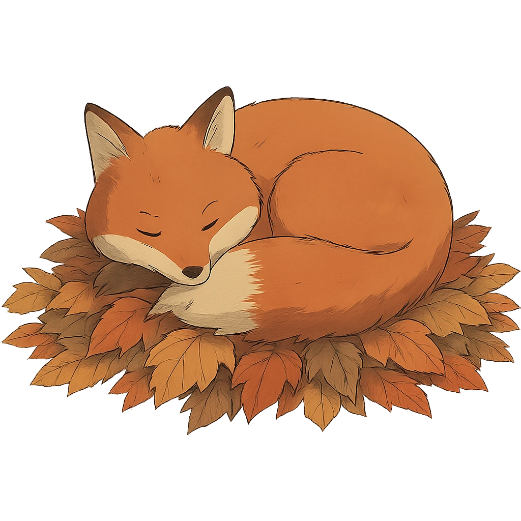 sleepy fox curled up on a pile of autumn leaves, ghibli style emoji