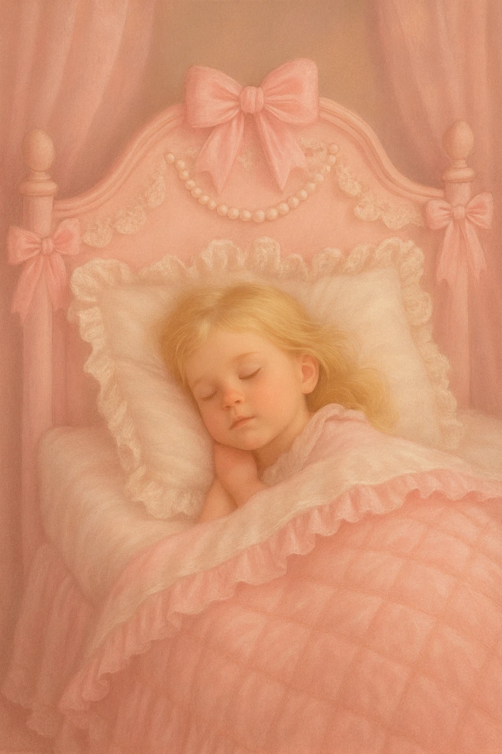 A girl with blonde hair, eyes closed, peacefully sleeping in a baby pink Coquette-style bed, soft and dreamy atmosphere, delicate feminine details, soft pastel colors, gentle lighting emoji