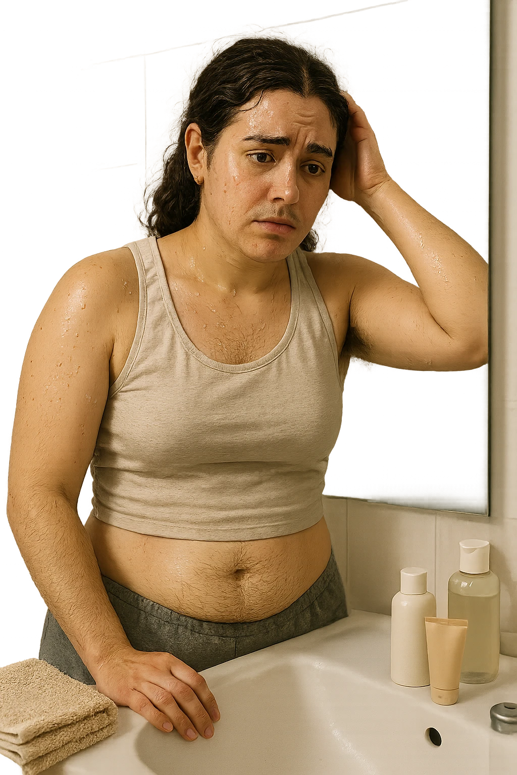 Donna tra i 25 e i 35 anni in un bagno o camerino, con espressione affaticata e leggermente imbarazzata, mentre si osserva allo specchio. È visibile una sudorazione abbondante sulla fronte e sotto le ascelle, e si notano peli più marcati su viso (mento o baffetti), addome e braccia. Indossa abiti leggeri o sportivi, e ha accanto a sé asciugamani e prodotti per la cura della pelle. Atmosfera realistica ma intima, con luce naturale e toni neutri. L'immagine trasmette consapevolezza, frustrazione e il desiderio di trovare soluzioni. Stile realistico, tono empatico e umano emoji