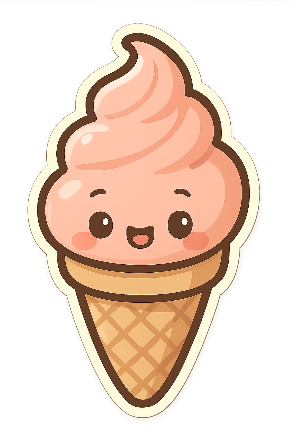 chibi sticker-style ice cream cone with a smiling face, cute and exaggerated emoji