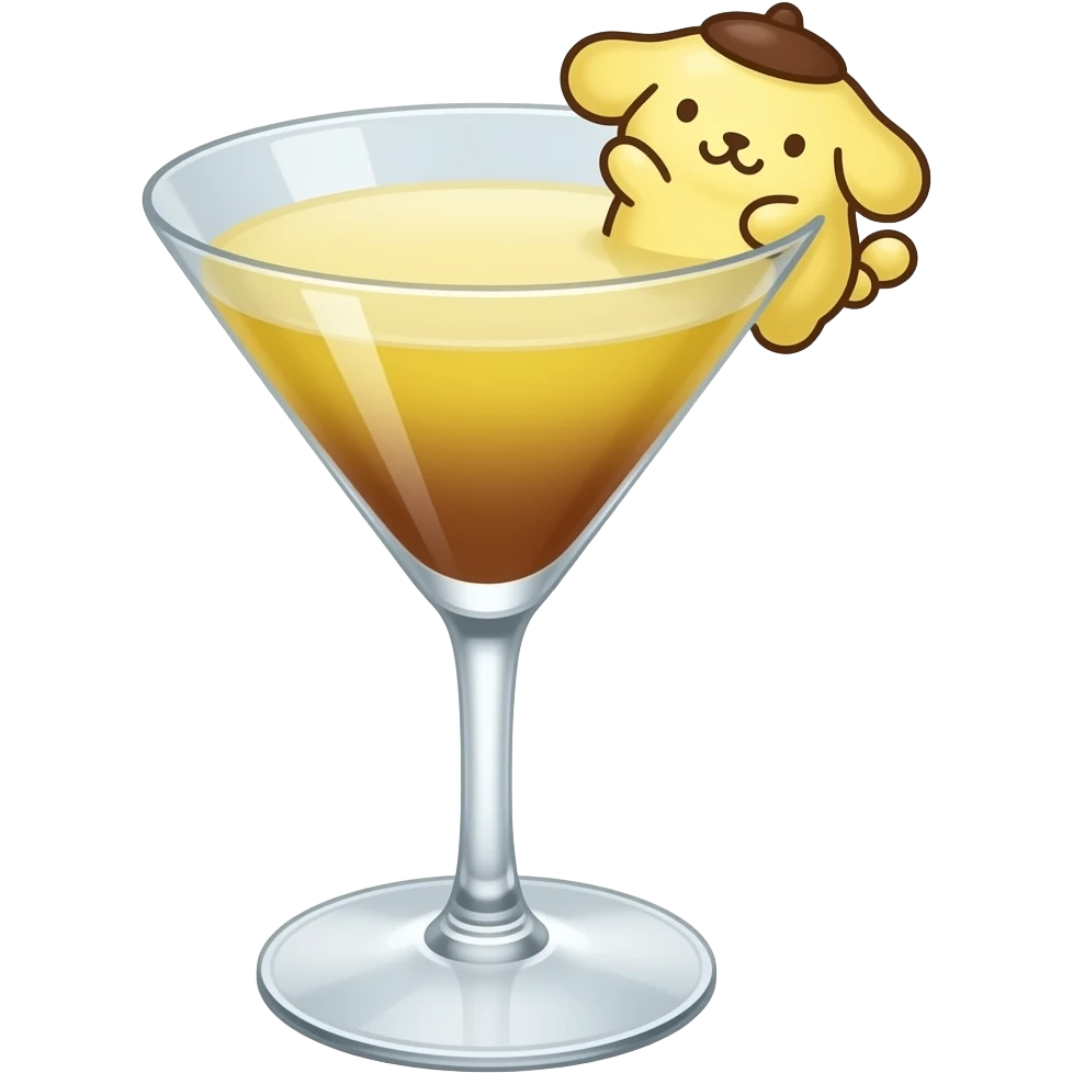pompompurin the sanrio character themed yellow and brown colored cocktail in martini glass with actual illustration of pompompurin as a garnish emoji