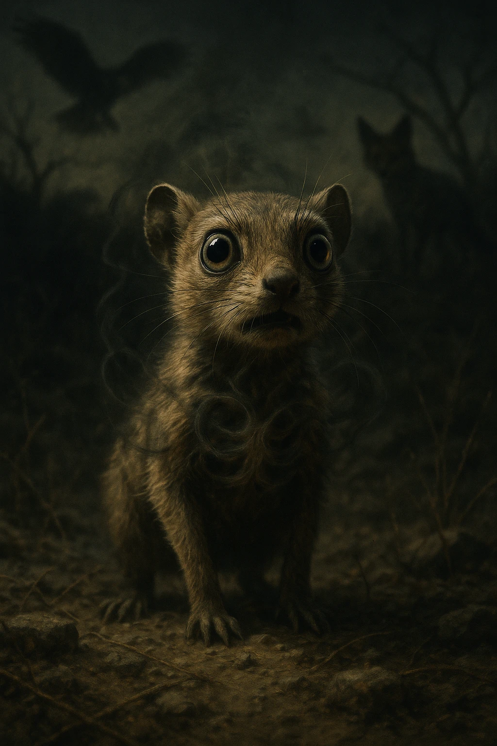 A hyperrealistic, cinematic illustration of a small wild animal, such as a rabbit or a meerkat, with wide, alert eyes and tense body posture, standing in a dry, rugged environment with predators lurking in the shadows. The animal's chest is visibly rising and falling rapidly, representing short, shallow breathing due to constant fear and vigilance. The background is dimly lit, with faint shadows of predators like hawks or foxes barely visible, symbolizing the ever-present threat. Around the animal, subtle visual representations of tension and stress appear as tight, dark rings or smoke near its chest and head, while the environment feels heavy and oppressive. The color palette is muted earth tones, with sharp focus on the animal’s tense face and rapidly moving chest, while the environment around is slightly blurred, emphasizing the feeling of isolation and perpetual fear. The style is 35mm film hyperrealistic with a storytelling, National Geographic documentary aesthetic, capturing the concept of an animal constantly living in fight-or-flight, breathing fast and shallow to survive emoji