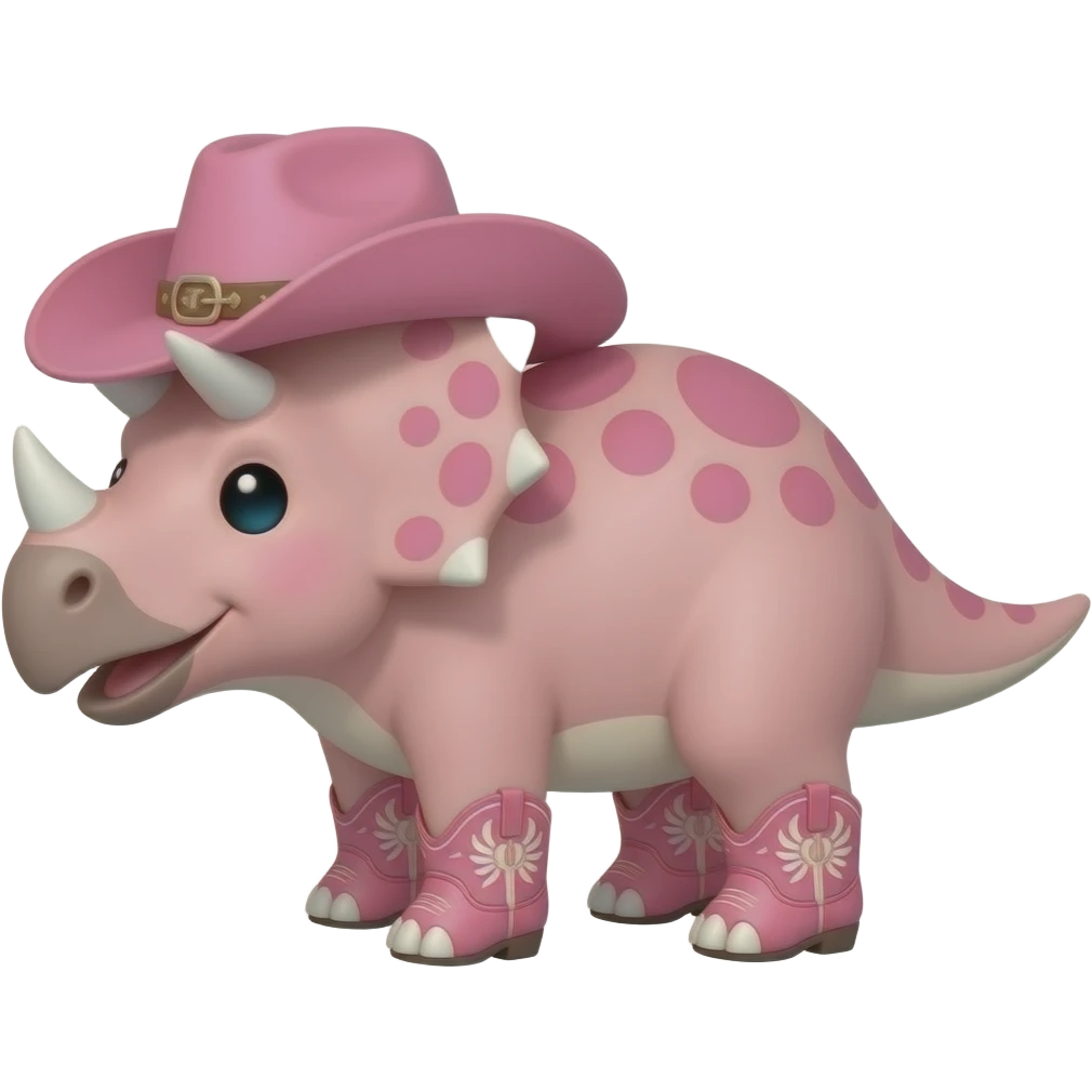 pink triceratops with pink cowboy hat on his head, and cute pink boots on his feet. no toes on the boots emoji
