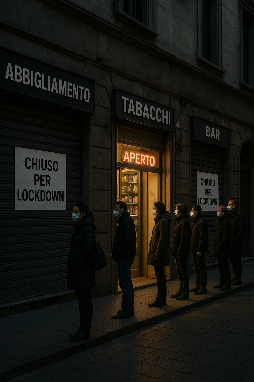 a deserted city street with all shops and businesses shuttered, their windows covered with “Chiuso per Lockdown” signs. In contrast, a brightly lit tobacco shop stands open, with a glowing “Aperto” sign and people lined up outside, all wearing masks. The mood is somber and critical, highlighting the paradox. emoji